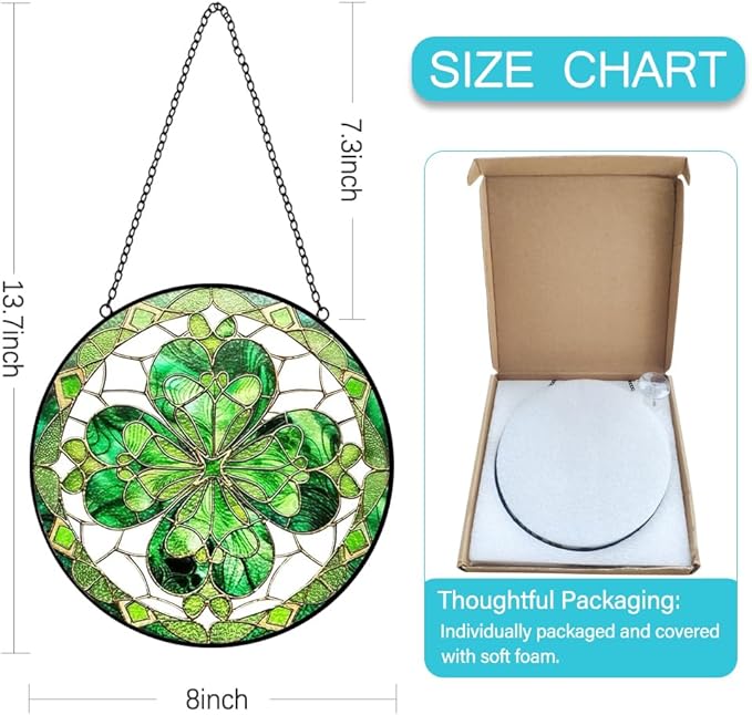 Four-Leaf Clover Suncatcher Stained Glass Window Hanging - 8 Inch Green Clover Sun Catchers Shamrock Suncatchers for Windows Hanging - St Patricks Day Decorations Glass Panel Irish Gift for Women Men