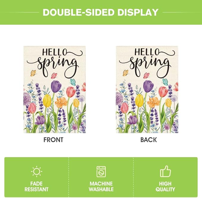 AVOIN colorlife Hello Spring Tulip Lavender Garden Flag 12 x 18 Inch Double Sided, Seasonal Flower Yard Outdoor Flag