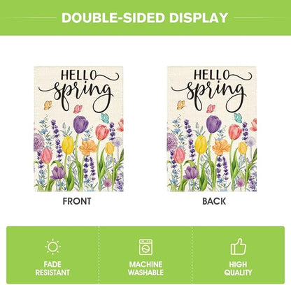 AVOIN colorlife Hello Spring Tulip Lavender Garden Flag 12 x 18 Inch Double Sided, Seasonal Flower Yard Outdoor Flag