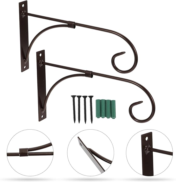 FRCOLOR Iron Wall Hanging Hook Plant Bracket for Outdoor Garden 2pcs Set, Black Decorative Flowerpot and Lantern Hangers for Patio and Indoor Use