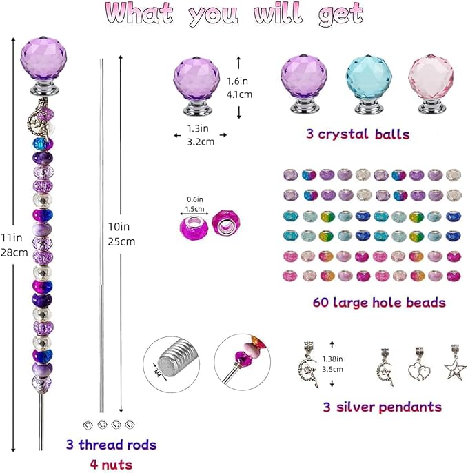72Pcs Beaded Garden Stakes Kit - DIY Fairy Wand Garden Stake Beads Kit, Fairy Garden Accessories Outdoor for Different Festivals, Beadable Items Ball-(Purple+Lake Blue+Pink)