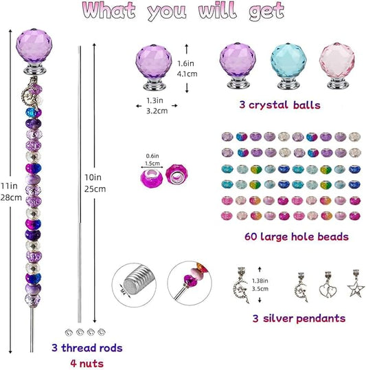 72Pcs Beaded Garden Stakes Kit - DIY Fairy Wand Garden Stake Beads Kit, Fairy Garden Accessories Outdoor for Different Festivals, Beadable Items Ball-(Purple+Lake Blue+Pink)