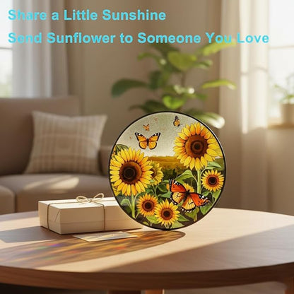 Sunflower Decor Suncatcher,Stained Glass Suncatcher for Window,Originally Designed Butterfly Sun Catchers,7.8" Large Stained Glass Window Hanging,Sunflower Gift for Women