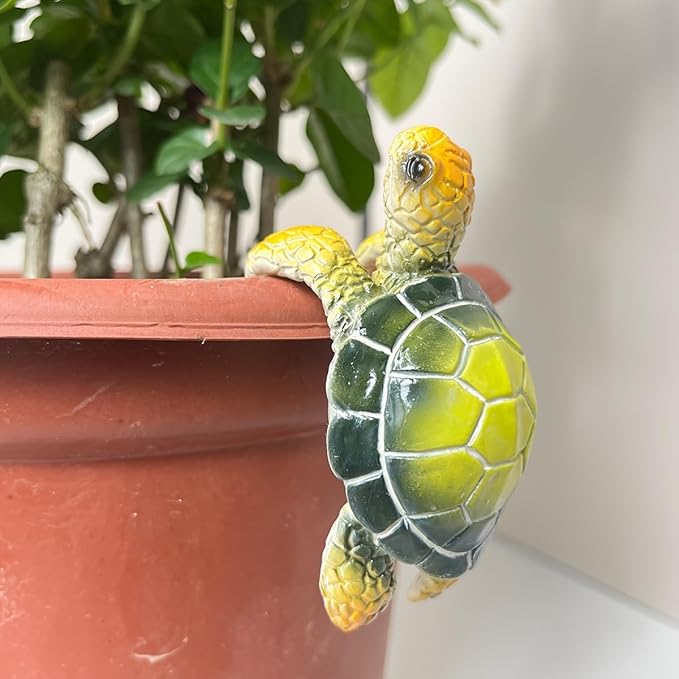 Cute Climbing Tortoise Flower Pot Hugger Figurines Resin Hanging Turtle Statue Planter Pot Decorations for Home Garden Fence Balcony Patio Lawn Yard Ornaments (Green Sea Turtle)