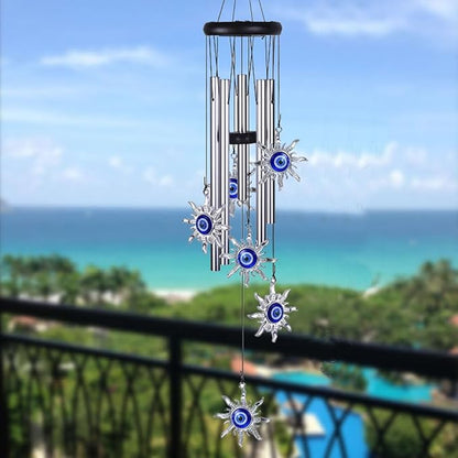 Blue Evil Eye Heart Wind Chimes, Metal Tubes Hanging Ornaments, Car Outdoor Garden Decor (Sun)