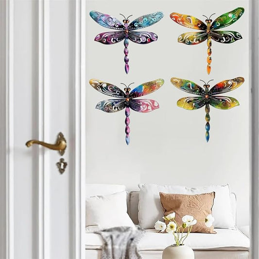 Set of 4 Colorful Dragonfly Metal Sign Art Decor,4Pcs Dragonflies Silhouette Wall Hanging Gifts for Birthday Housewarming,Dragonfly Ornament Decorate for Fence Garden Yard Patio Farmhouse Ranch