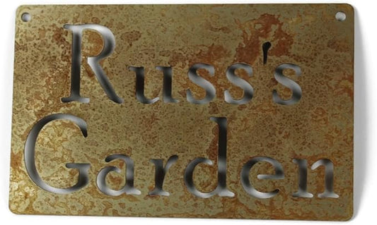 Classic Metal Garden Markers Clearance Items 20 to 33 Inches Tall (Russ's Garden (wall hanger), Naturally Rusted)