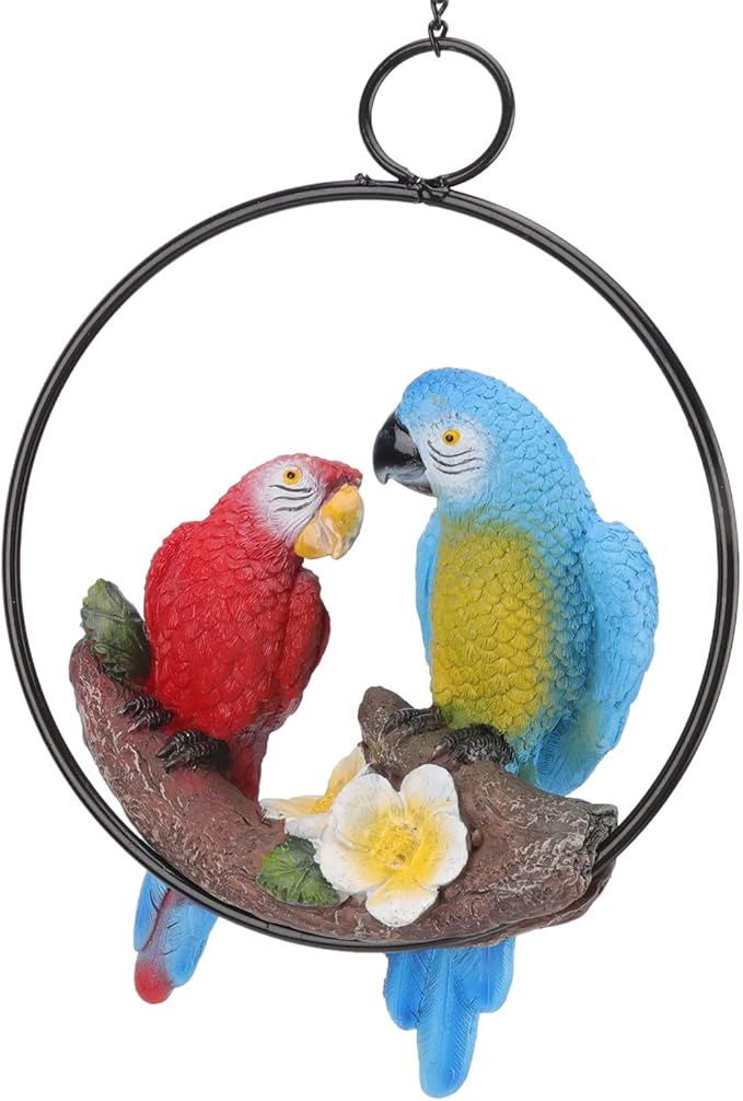 Keebgyy Metal Birds Outdoor Decor, Parrots Hanging Statue, Garden Iron Rings Parrots Pendant Resins Bird Model Crafts Courtyard Balcony Decorations Small Red Blue Macaw, Macaw Model Pendant Red