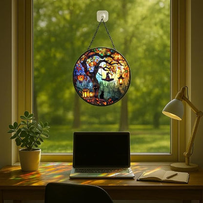 Stained Glass Window Hanging - 9.8in Pumpkin Lanterns and Black Cat Under Magic Tree with Witch Hat Sun Catchers Panel for Indoor Decorative Display for Mom, Wife, Lovers, Festive