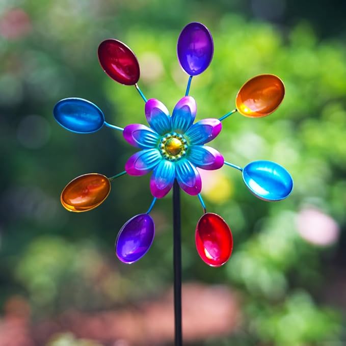 DREAMYSOUL Wind Spinners Outdoor, 10" Dia Colorful Metal Pinwheels for Yard and Garden, Kinetic Wind Sculptures & Spinner Outside (Red Flowers)