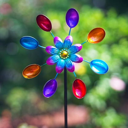 DREAMYSOUL Wind Spinners Outdoor, 10" Dia Colorful Metal Pinwheels for Yard and Garden, Kinetic Wind Sculptures & Spinner Outside (Red Flowers)