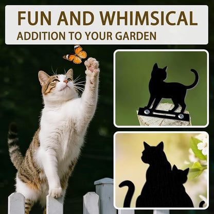 6 Pcs Black Cats Fence Decor, Outdoor Garden Metal Kitty Silhouette Decoration, Metal Art Ornament for Yard, Double-Side Design