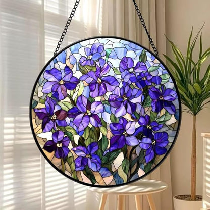 Stained Glass Window Hanging Lilac Stained Glass Style Suncatcher Round Purple Flower Window Hanging Decorative Panel Sun Catcher for Home Window Garden Gift
