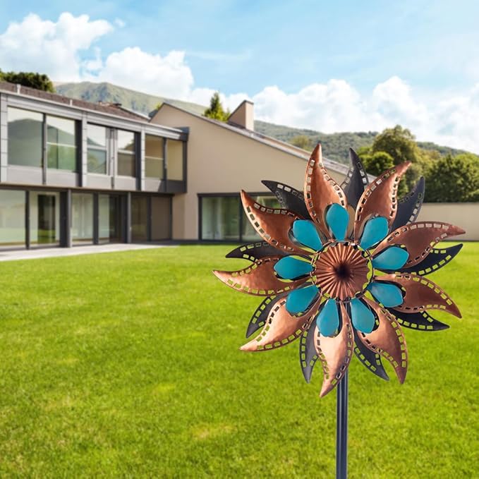 VEWOGARDEN Metal Wind Spinners Outdoor Kinetic Flower Wind Spinner for Outdoor Garden Lawn Patio Decorations, Antique Bronze & Blue