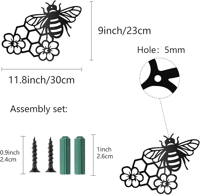 CREATCABIN Bees Metal Wall Art Decor Black Honey Wall Hanging Ornament Iron Wire Wall Art Flower Sculpture Decoration Sign Minimalist Wall Decor for Farmhouse Garden Bedroom Office Home 12 x 9Inch