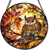 Stained Glass Window Hanging - Autumn Leaves and Perched Owl Sun Catchers Indoor Stained Glass Panels Wall Decor for Mom Wife Lovers Festive