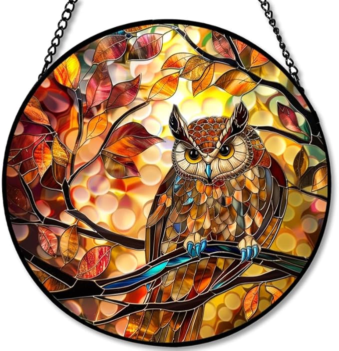 Stained Glass Window Hanging - Autumn Leaves and Perched Owl Sun Catchers Indoor Stained Glass Panels Wall Decor for Mom Wife Lovers Festive