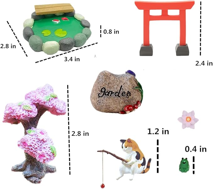 14 PCS Fairy Garden Kit, Fishing Cat Figurines, Miniature Koi Pond Mushroom Outdoor Statues, Tiny Ornaments for Micro Landscape Plant Pots Bonsai Craft Decor