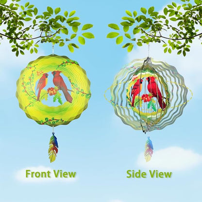 2 Pack Cardinal Wind Spinners Outdoor 12 Inch Hanging Wind Catchers Kinetic Sculpture 3D Stainless Steel Lawn Yard Garden Decor for Outside