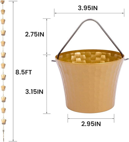Rain Chain for Outside with Adapter,Wrought Iron Rain Chains Set 8.5 Ft,Not Rust, Gotta Drain with Metals Anchoring Stake, 14 Cups, 1 Hook, Adjustable Gutter Downspout for Outdoor(Gold)