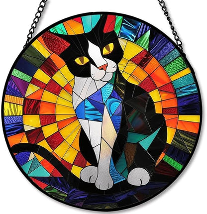 Stained Glass Window Hanging - Tuxedo Cat Rainbow Pattern 7.8in Sun Catchers Indoor Stained Glass Panels Wall Decor for Mom, Wife, Lovers, Festive