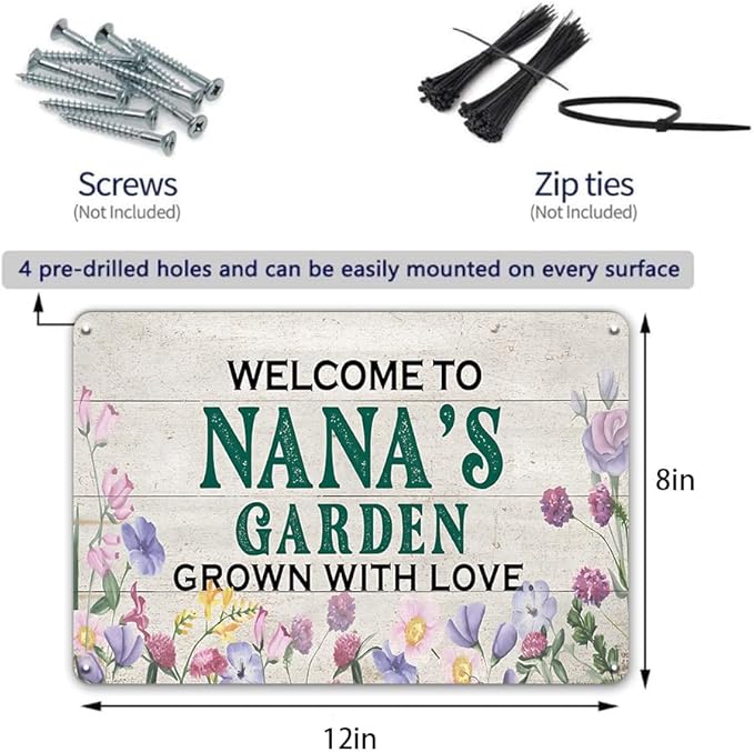 YOYI ART Welcome to Nana's Garden Sign for Outside, Vintage Metal Garden Decor Wall Art, Patio Sign for Outdoor, Yard, Gifts for Women Mom, 12 x 8 inch
