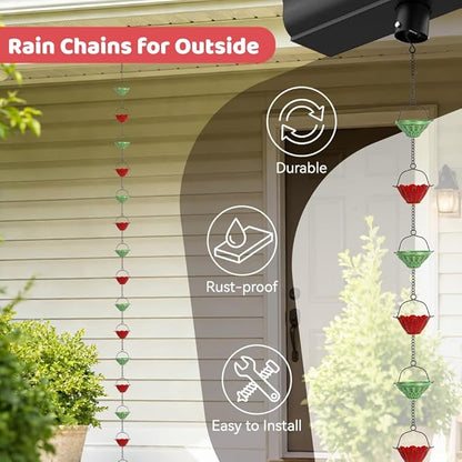 dreamysoul Rain Chains for Outside, 10 FT Decorative Rain Catcher Chains with 16 Cups, Adjustable Rain Chain for Gutters, Downspout, Eaves, Drainage
