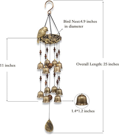 Bird Nest Wind Chime, A Mother‘s Love in Every Breeze | 25” Bronze Resin Nest with 12 Wind Bells, Soothing Gift for Mother's Day, Garden, Yard, Patio Decor