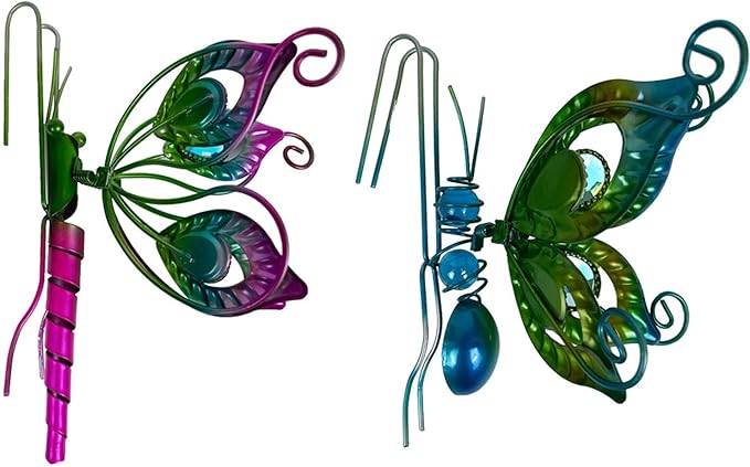 Metal Butterfly Flower Pot Huggers Gorgeous Butterfly Dragonfly Planter Hanging Figurines with Artificial Gemstones in the Wings 6 Inch Iron Insect Garden Art Sculptures Hanger Ornaments (2PCS)