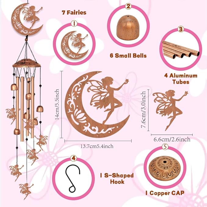 INFUNLY Fairies Wind Chimes for Outside 5.5"×5.4" Metal Windchime with Moon Pattern Aluminum Tube Wind Chime with Bells Fairies Windchime Tubes Memorial Wind Bell for Garden Decor Housewarming Gifts