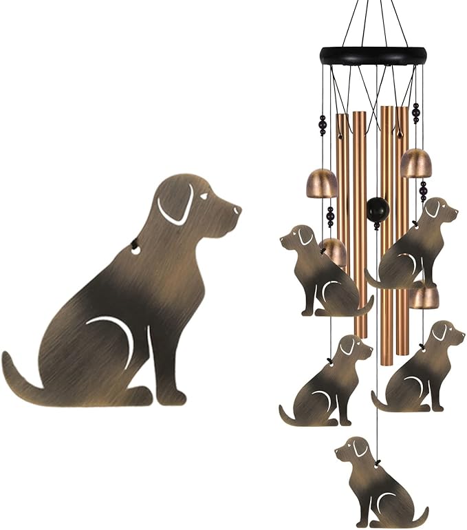 Bronze Dog Wind Chime, Gifts for Mom, Home, Garden, Balconies, Room, Patio, Indoor, Outdoor Decoration, with 4 Aluminum Tubes 5 Dogs Wind Chimes, Doggy Wind Catcher, Puppy Wind Bell Decor