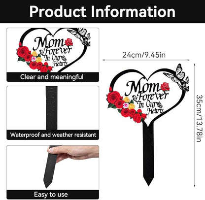 Memorial Grave Stake, Mom Forever in Our Hearts Grave Marker, Heart Grave Decorations for Cemetery, Metal Cemetery Decorations for Grave, Yard, Garden, Remembrance Grave Plaque for Mom