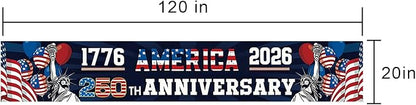 250th Anniversary USA Banner 120 x 20 Inches America 1776-2026 250 Years Birthday Banner American Flag Statue of Liberty Designs Patriotic Party Home Decorations for Outdoor Indoor Yard Garden Lawn