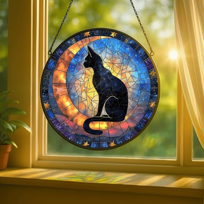 Stained Glass Window Hanging - Celestial Black Cat & Stars 9.8in Sun Catchers Indoor Stained Glass Panels Wall Decor for Mom, Wife, Lovers, Festive