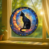 Stained Glass Window Hanging - Celestial Black Cat & Stars 9.8in Sun Catchers Indoor Stained Glass Panels Wall Decor for Mom, Wife, Lovers, Festive