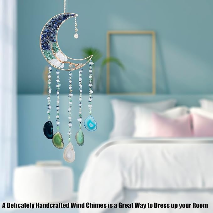 Moon Wind Chimes with Crystal Tree for Home Wall Decor Aesthetic, Room Wall Decor, Bohemian Room Decor, Haning Crystal Decor, Bedroom Decor for Women, Unique Gift for Women