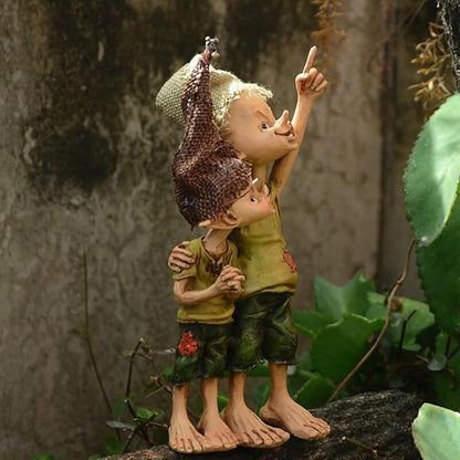 Cute Pixie Statue Fairy Garden Elf Brothers Figurine, Resin Craft Gift Desktop Ornament, Outdoor Statue for Patio, Lawn, Yard Decor