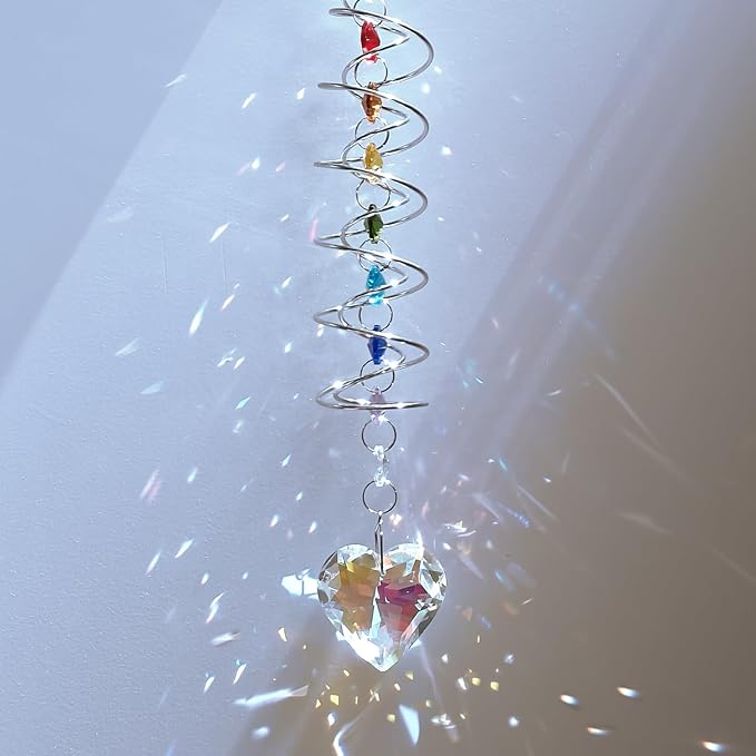 Big Heart Crystal Sun Catchers for Windows Hanging, Double-Spiral Design Gazing Ball Spiral Tail, Rainbow Maker Prism, Sun Catchers Indoor Window for Kitchen, Patio, Porch, Garden(AB-Silver)