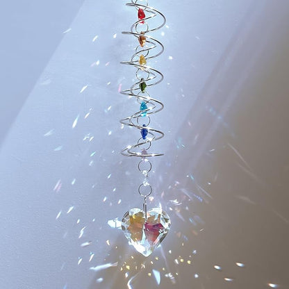 Big Heart Crystal Sun Catchers for Windows Hanging, Double-Spiral Design Gazing Ball Spiral Tail, Rainbow Maker Prism, Sun Catchers Indoor Window for Kitchen, Patio, Porch, Garden(AB-Silver)