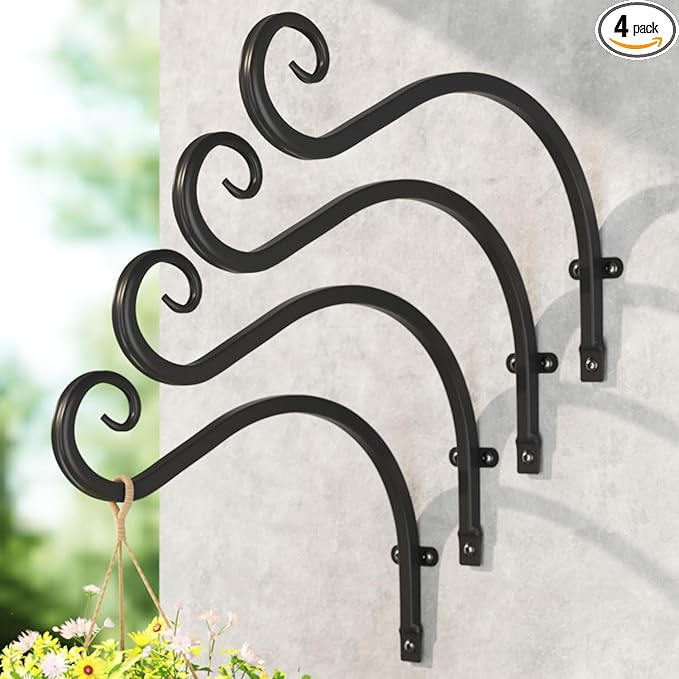 LASZOLA 4 Pack 12 Inch Hanging Plant Brackets, Heavy Duty Iron Wall Hooks for Planter, Bird Feeder, Wind Chime, Lantern, Rust Proof Decorative Hangers for Indoor Outdoor Garden Patio Fence, Black