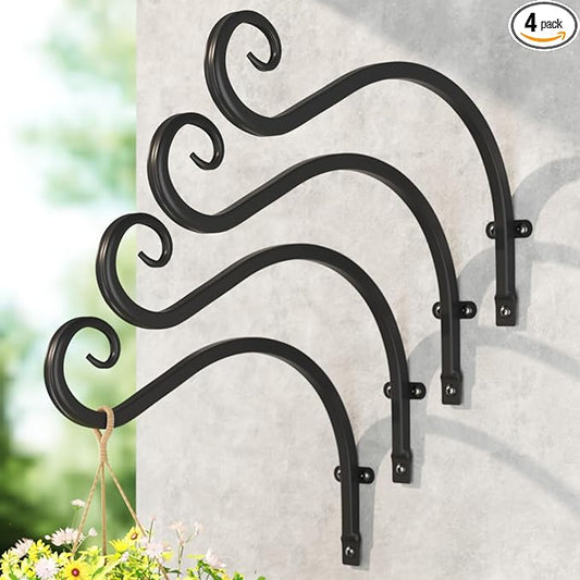 LASZOLA 4 Pack 12 Inch Hanging Plant Brackets, Heavy Duty Iron Wall Hooks for Planter, Bird Feeder, Wind Chime, Lantern, Rust Proof Decorative Hangers for Indoor Outdoor Garden Patio Fence, Black