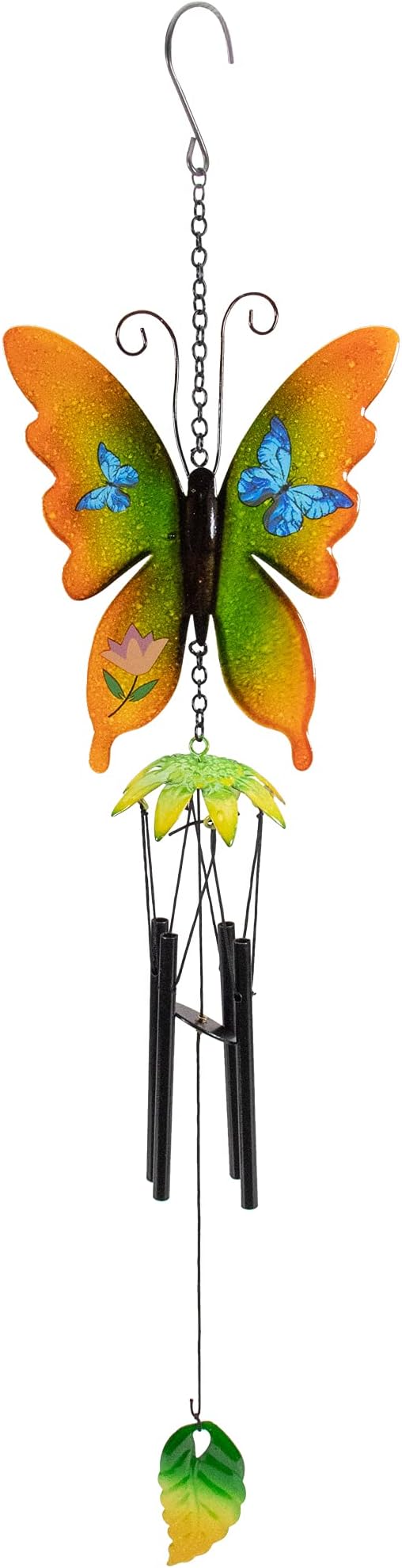 15.75" Orange and Green Metal Butterfly Outdoor Garden Windchime