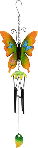 15.75" Orange and Green Metal Butterfly Outdoor Garden Windchime