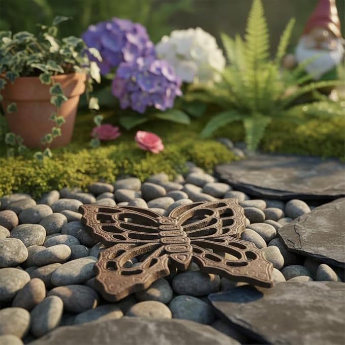 Comfy Hour 11" Vintage Brown Butterfly Cast Iron Stepping Stone, Rustic Antique Figurine Style Home Decor, Heavy Duty Metal Garden Pathway Paver