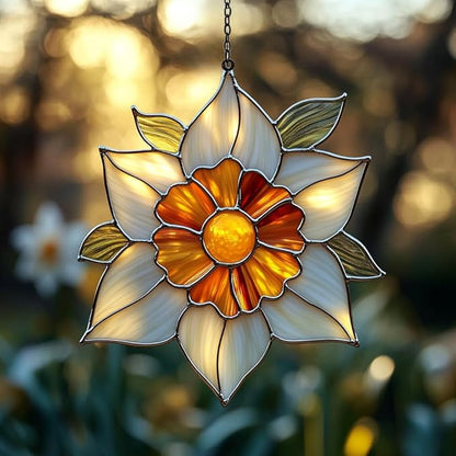 Narcissus Acrylic Suncatcher Stained Glass Effect Window Car Hanging Christmas Ornament Indoor Outdoor Decor Garden Sun Catcher Panel for Floral Lover for Women Mom Grandma