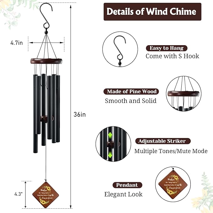 Sunflower Wind Chime with Thank You Quote Important Piece of My Life, Memorial Gift for Mom, Dad, Teacher, Friend or Farewells, 36" Outdoor Sympathy Chimes for Remembrance & Comfort