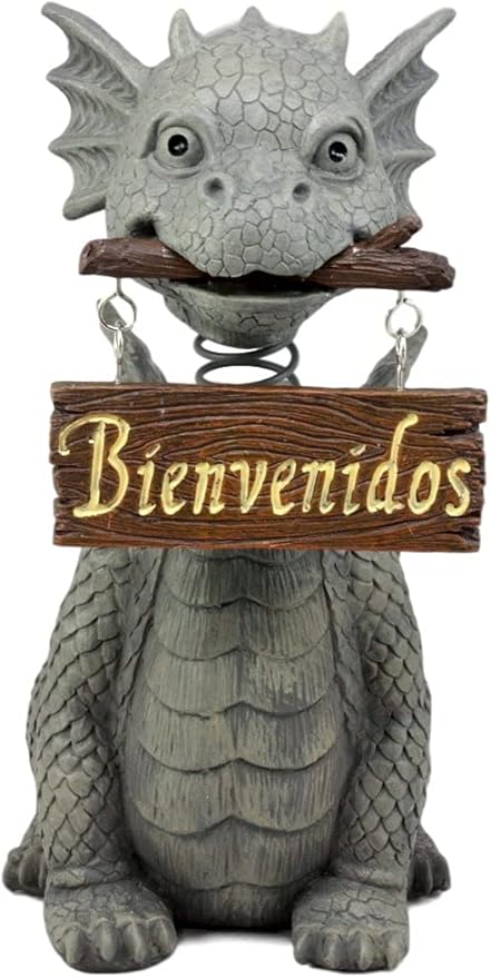 Ebros Gift Bienvenidos Welcome Sign Dragon Garden Greeter Bobblehead Statue Faux Stone Resin Finish 13.25" H