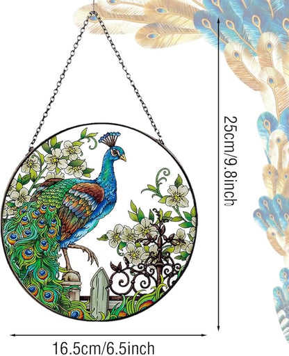 Zayookey Stained Glass Suncatchers Peacock Art Window Hangings Panel Colorful Hand Painted Suncatcher for Outdoor Garden Indoor Window Wall Decor