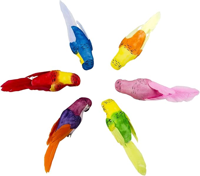 Berfutall-Feather Parrot Bird Decor 6" DIY Craft for Wedding Decoration Home Garden Party Set of 6pcs with Metal Clip