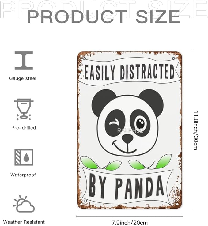 Vintage Metal Tin Sign Easily Distracted By Pandas 8x12 Inches Retro Wall Decor for Home,Garden,Patio,Office,Kitchen,Bedroom,Funny Quotes and Gothic Designs